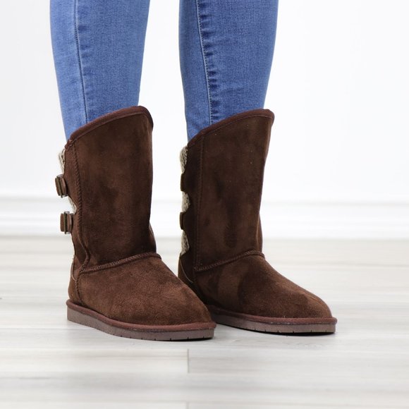 Brown Winter Warm Sherpa Lining Inside No Heel Mid Calf Flat Boots - Picture 2 of 11